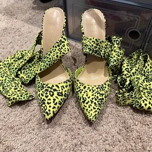 Neon Yellow Leopard Print Pointed Toe Lace-Up Heels